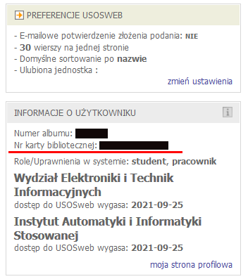 Karta Informacje o użytkowniku w serwisie USOSweb obejmująca numer albumu, nr karty bibliotecznej, uprawnienia w systemie i przynależność do jednostki