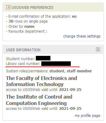 'User information' tab on USOSweb including album number, library card number, system permissions and unit affiliation